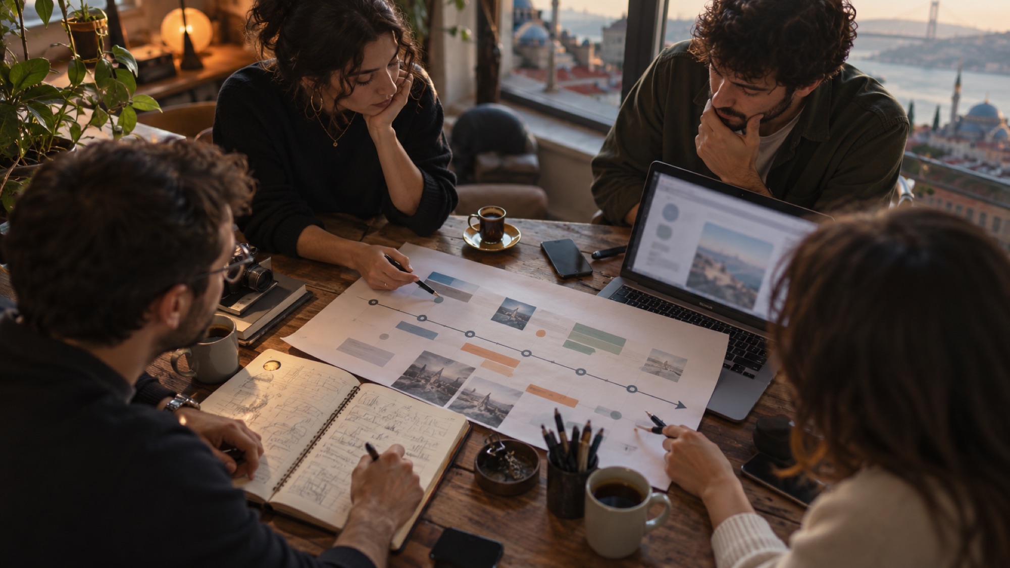 Notes, a laptop and a printed roadmap on a meeting table