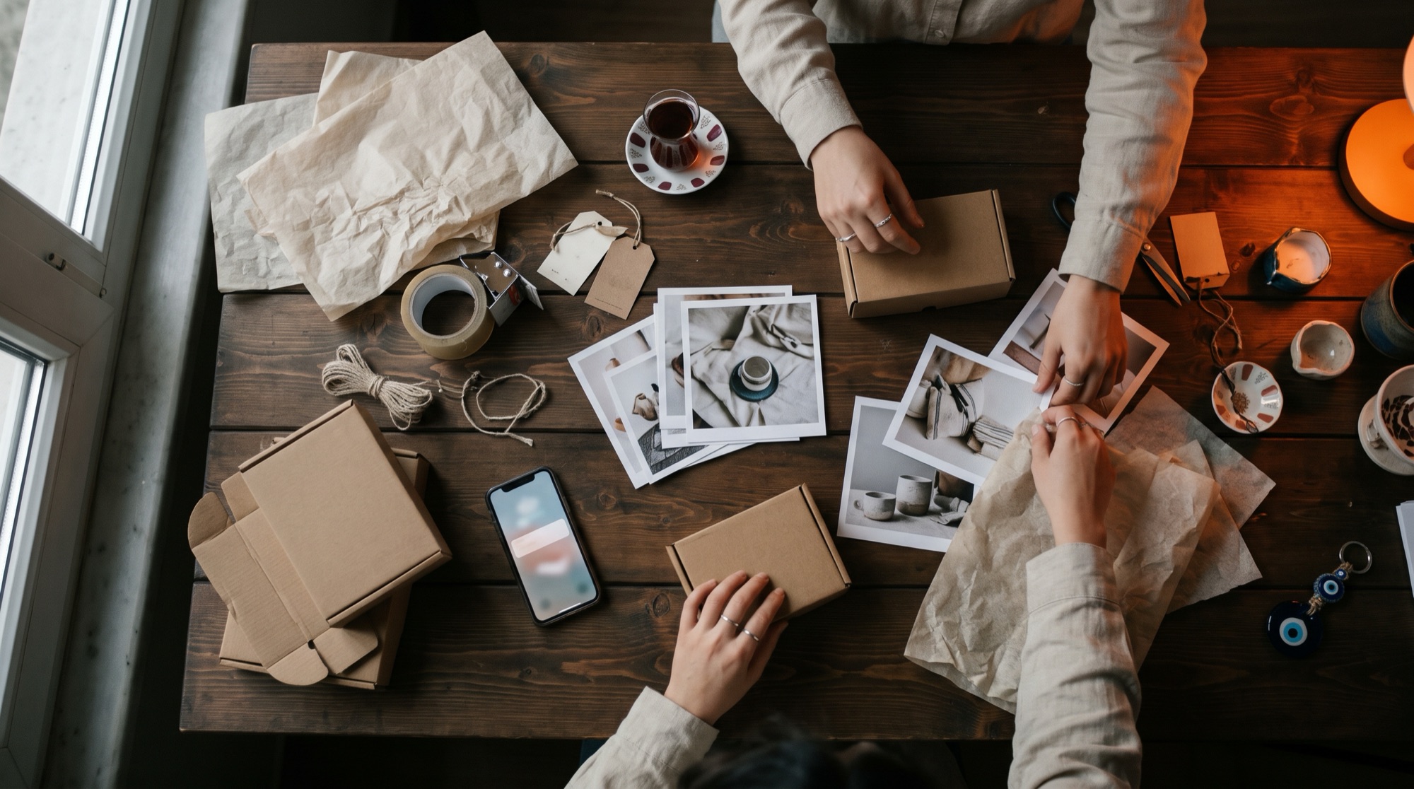 Product photos, kraft boxes and a phone on a desk