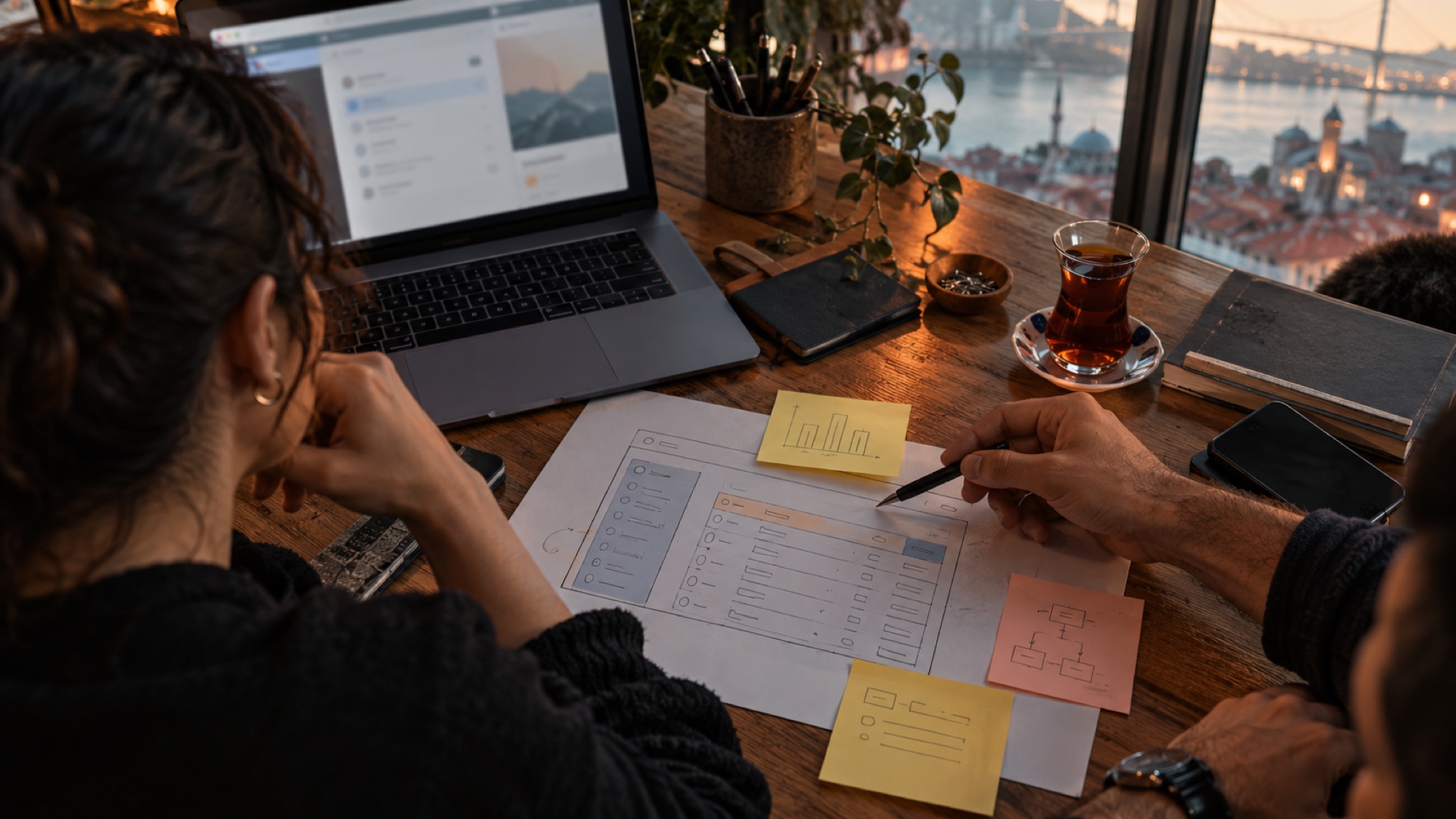 A sketch of a desktop program screen, a laptop and notes on a desk