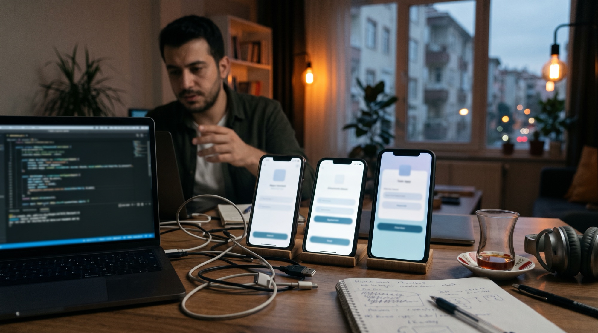 Kod ekranı ve test telefonlarıyla çalışan geliştirici