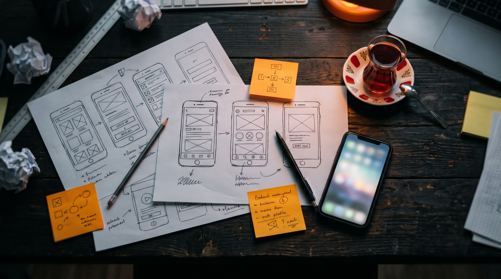 Phone screen sketches on paper next to a smartphone
