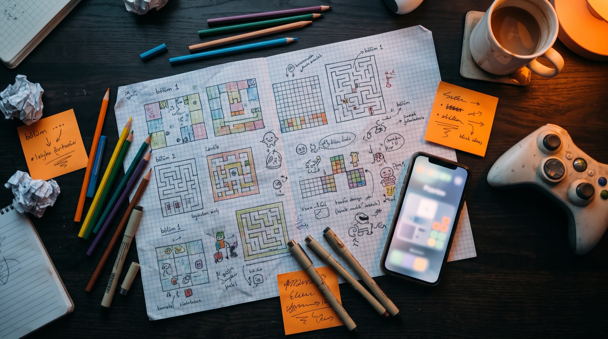 Level sketches on grid paper, a game controller and a phone