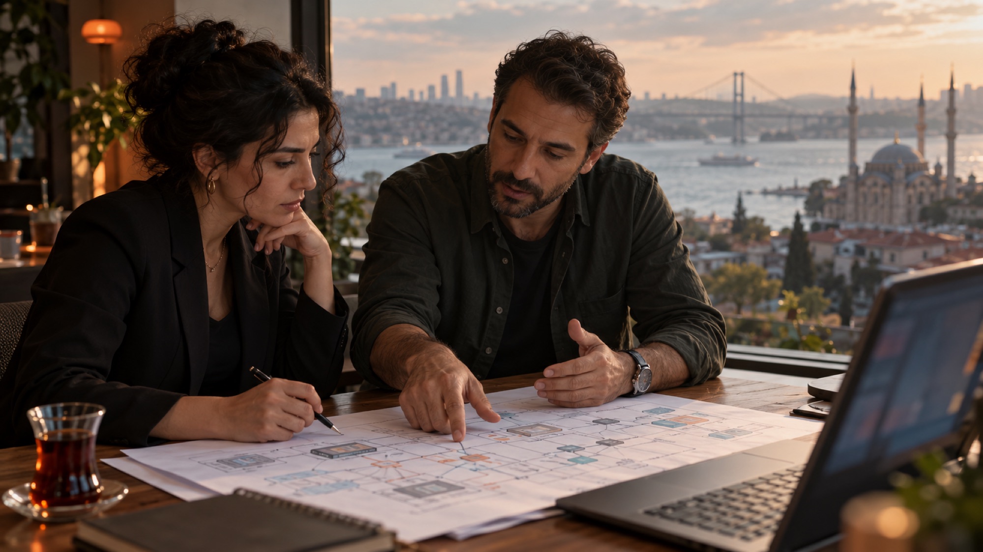 Engineer and business owner discussing a printed infrastructure diagram at a table