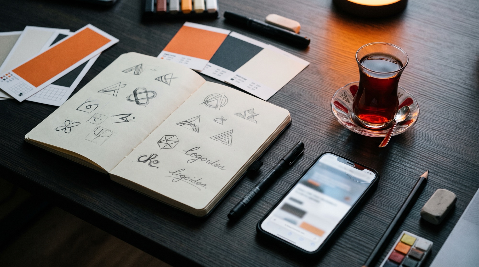 Work desk with logo sketches, a phone and color swatches