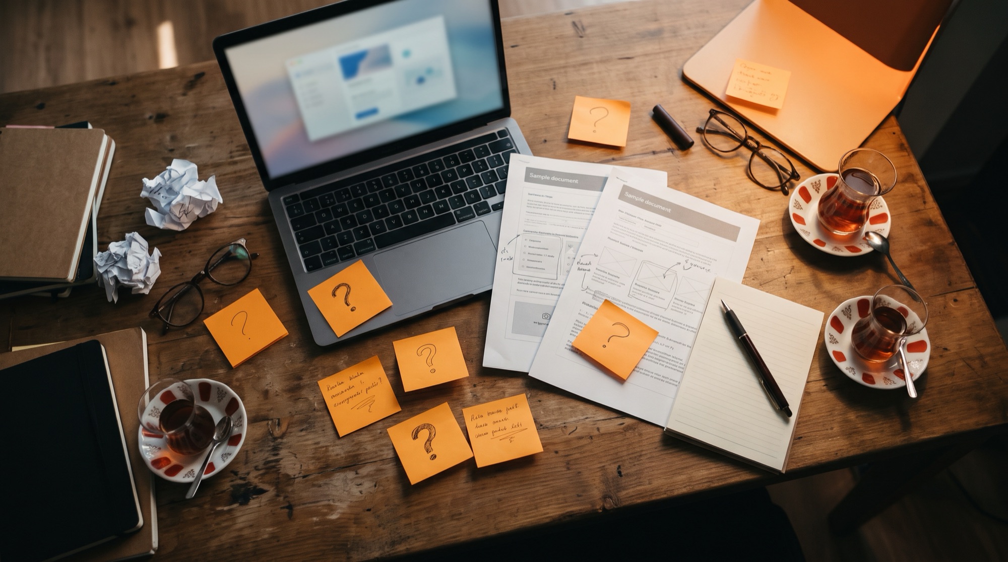 Sample documents, a laptop and orange sticky notes on a desk